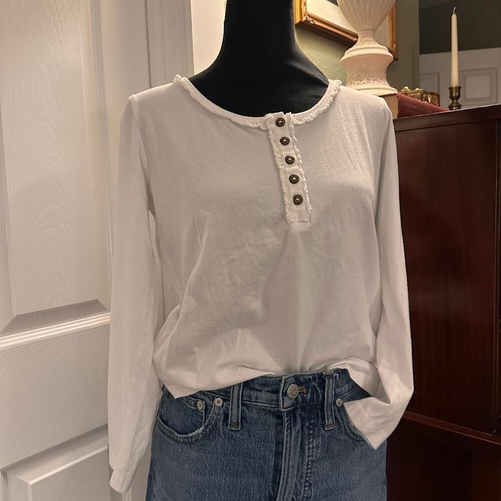 Laura Scott White Cotton Henley Blouse | Petite Small